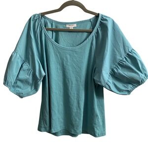 ON-34TH Womens 2X Teal Mixed Media Puff Sleeve Ribbed‎ Knit Top Scoop Neck SU24